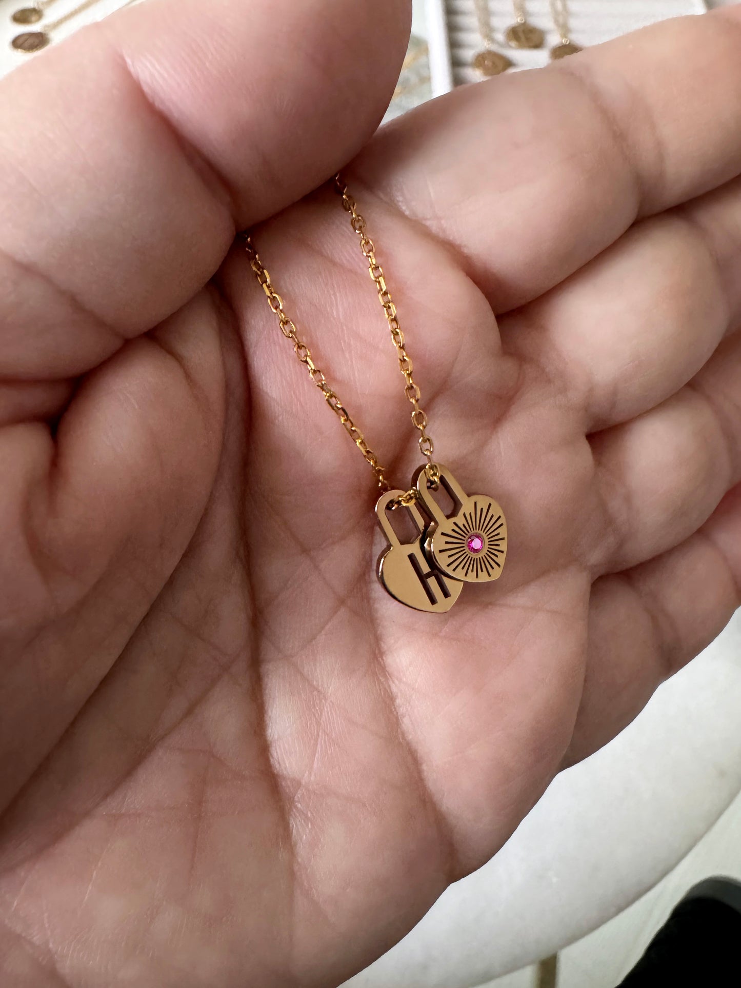 Tiny Birthstone and Initial Heart Padlock Necklace